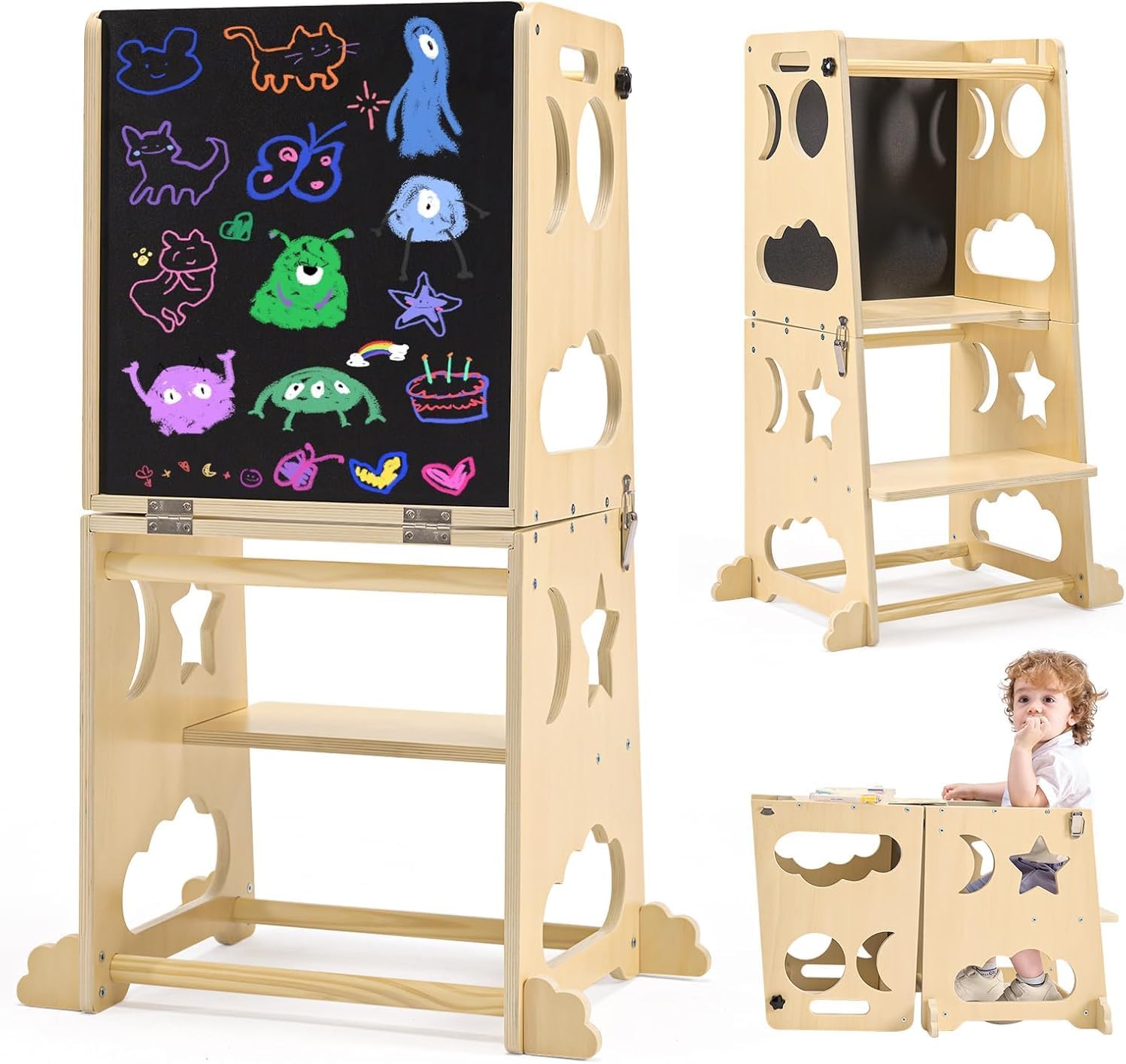 Kids Outdoor Table And Chair Set - Foldable Toddler Kitchen Tower, Baby Montessori
